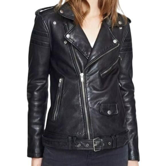 BLK DNM Black Leather Moto Biker Jacket Women's M Zip Bomber Coat Buckle Belted - Picture 1 of 16